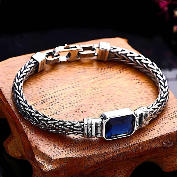 Sterling Silver Blue Zircon Braided Bracelet, Unisex, Handmade - Picture 5 of 15